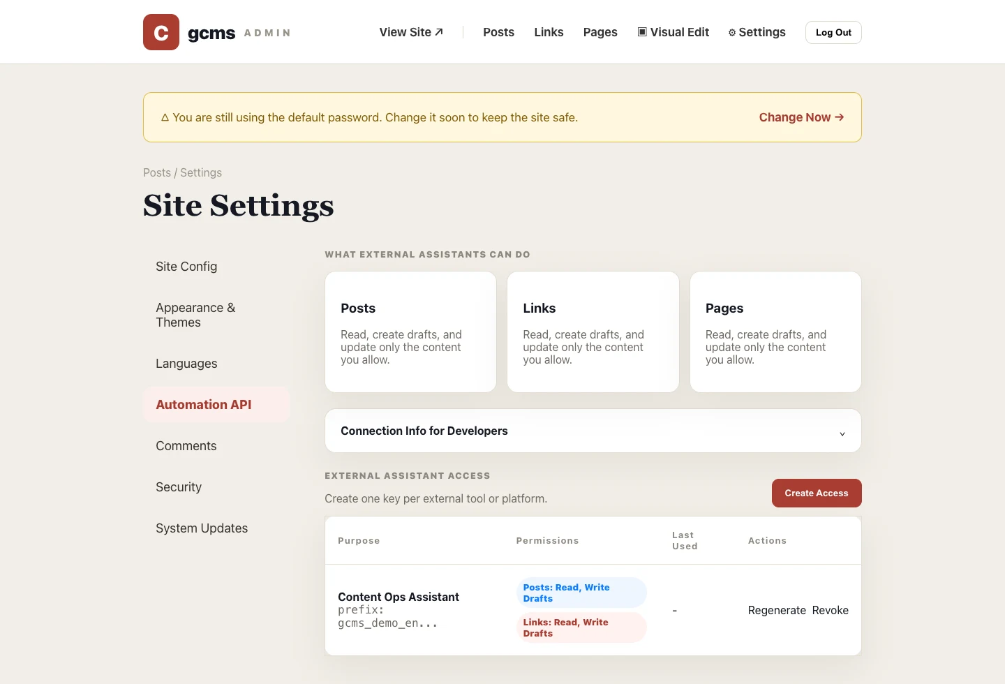 Real gcms automation API screenshot: capabilities for posts, links, pages, access keys and integration files