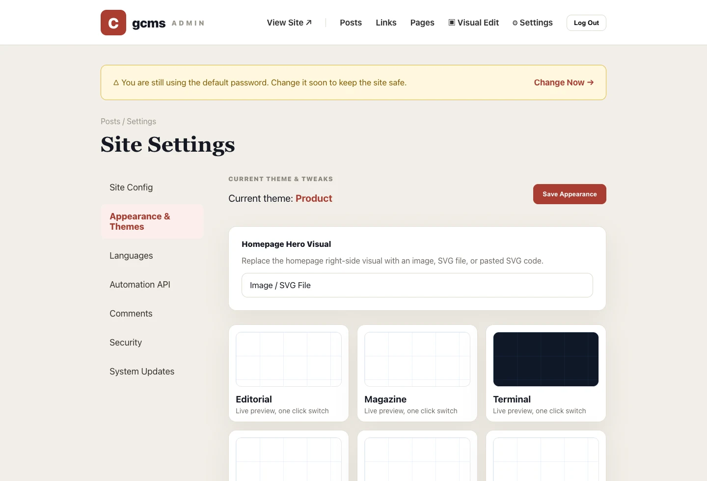 Real gcms admin screenshot: Appearance & Themes with theme cards, live previews and the selected theme